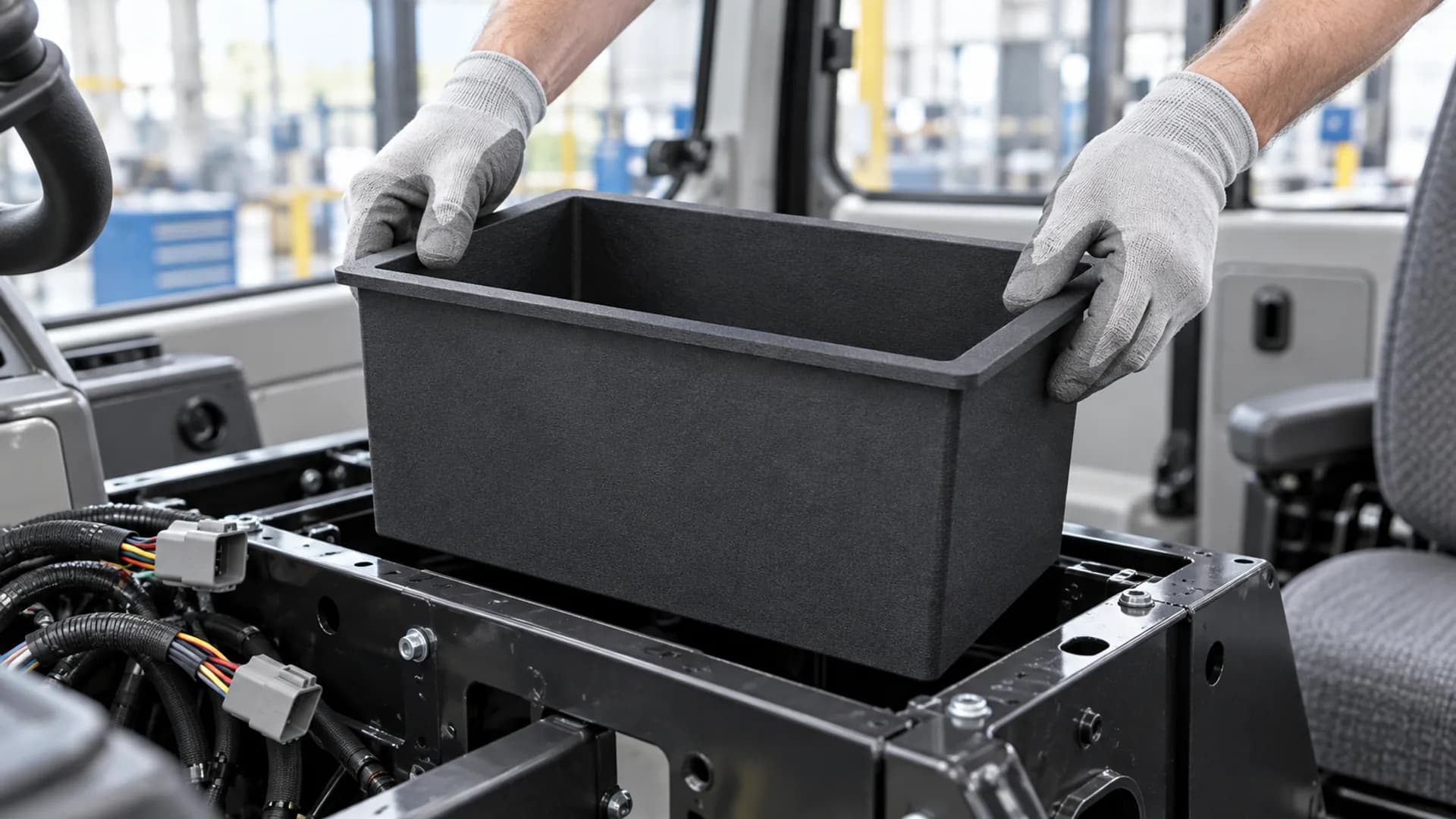 Hands fitting a large matte black SLS nylon housing into an operator console frame in a bright vehicle assembly bay