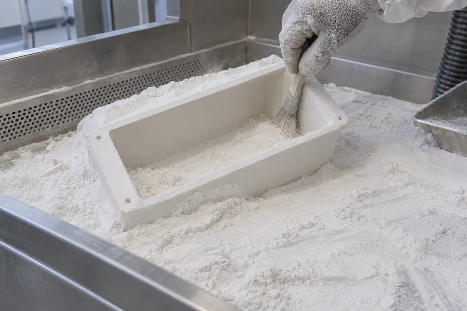 A gloved hand brushes fine powder from a partly uncovered white SLS nylon housing at a depowdering station