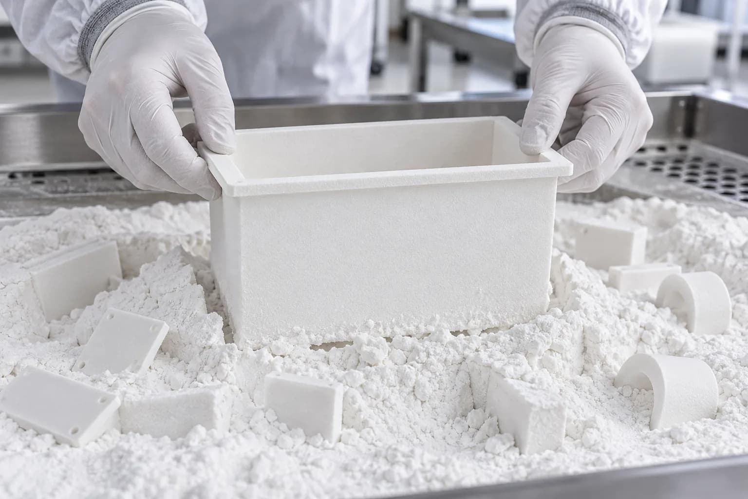 White SLS nylon housing lifted out of the powder cake after a build