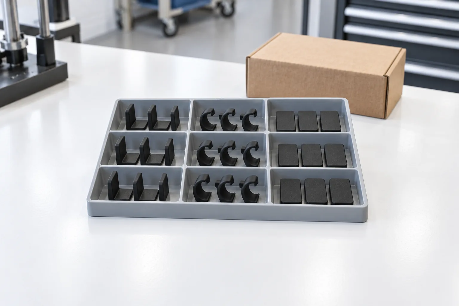 An assortment of small matte black nylon brackets, clips and covers in a divided grey tray on a clean inspection bench