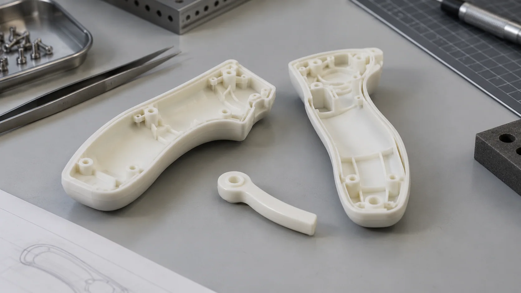 Open ivory SLA medical instrument handle shells and a small lever on a clean manufacturing bench