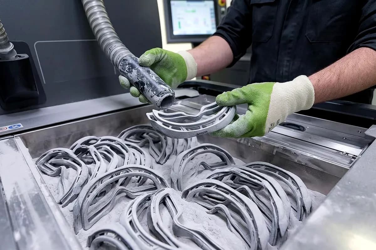 Depowdering MJF PA12 visor components after build completion, showing parts being brushed free of unfused nylon powder