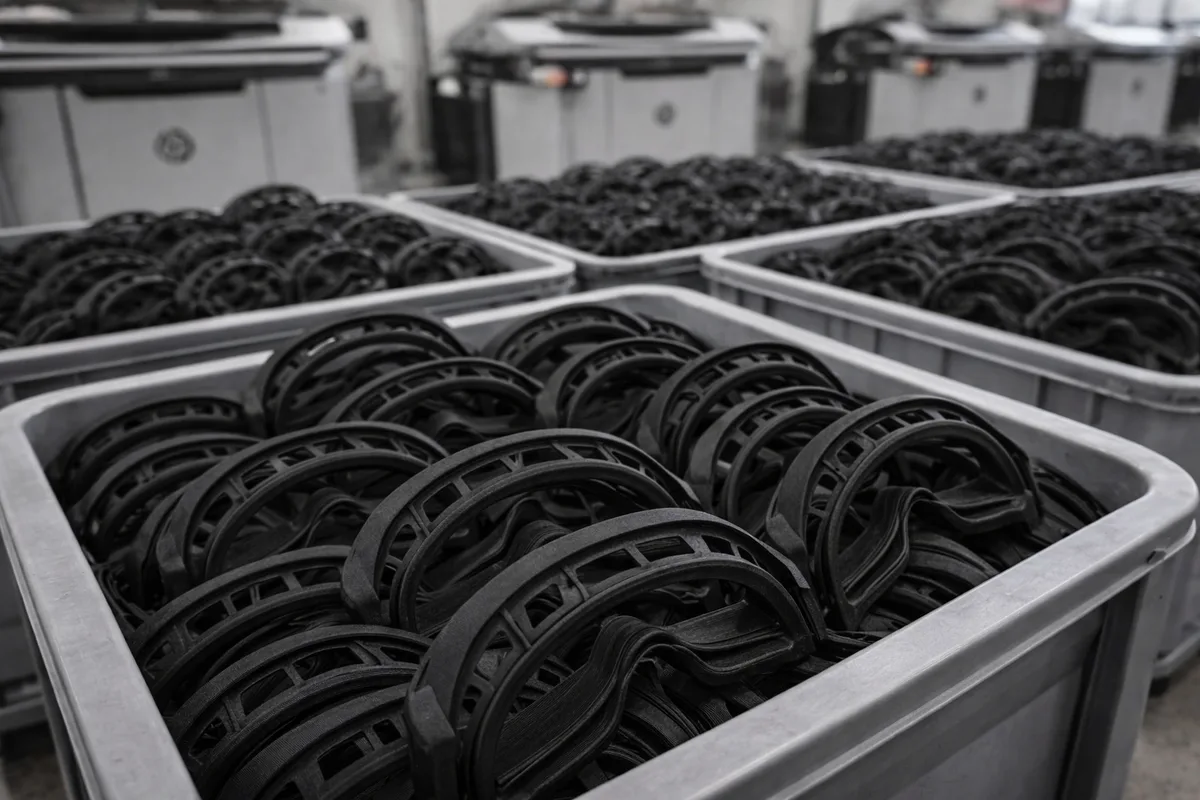 Production bins filled with hundreds of finished MJF PA12 visor components ready for assembly