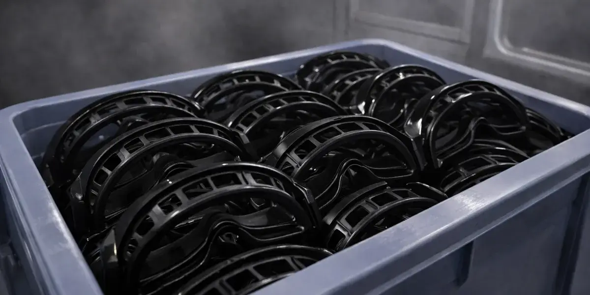 Batch of vapor smoothed MJF PA12 visor components showing glossy sealed surface finish