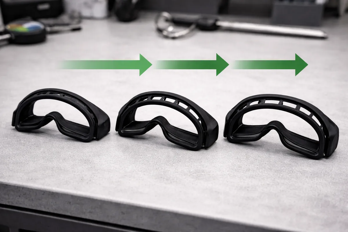 Three visor design iterations showing progressive refinement of ergonomic geometry