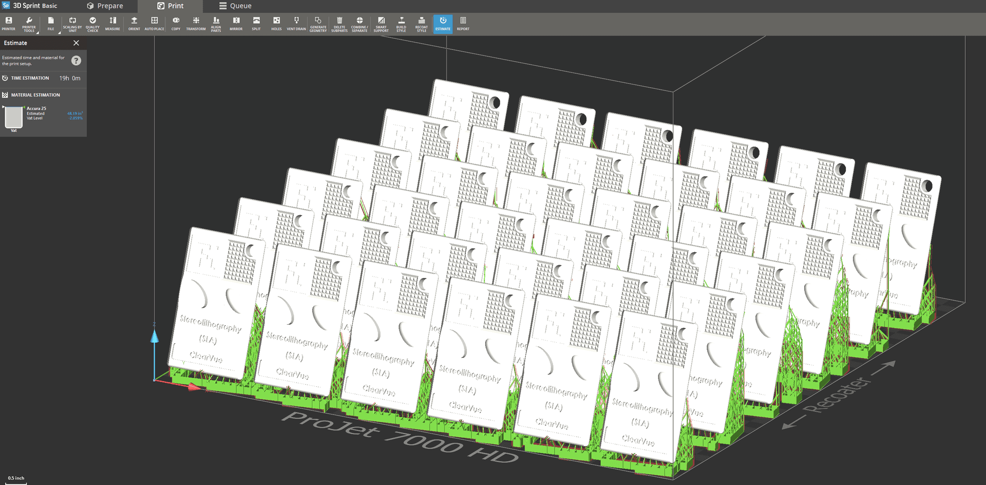 3D Sprint software interface showing efficient dense production tray preparation with automated support optimization