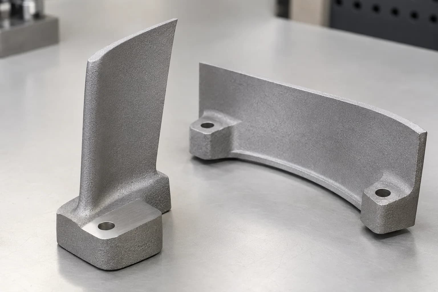 Two satin aluminum development sections with curved surfaces and a thicker supporting transition