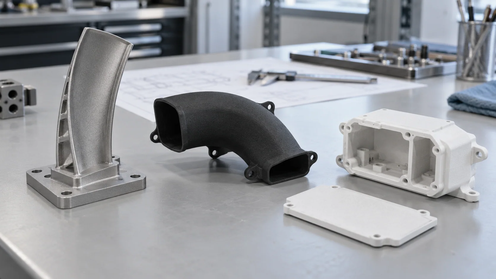 Separate aluminum curved sections, a nylon cooling shroud and a hollow nylon UAV body displayed on an engineering workbench