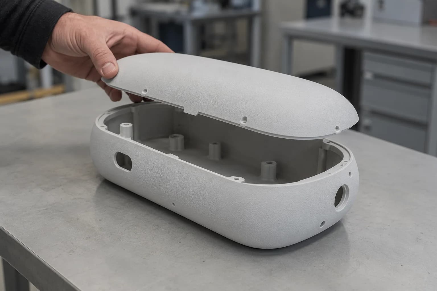 Hands lifting an access lid from a rounded natural-white SLS nylon housing with accessible internal features