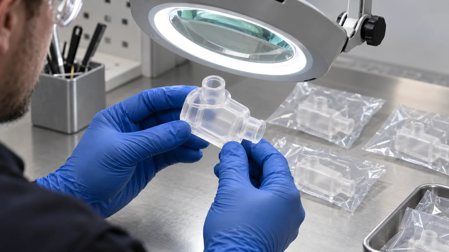 Technician examining a clear printed component under a bench magnifier with protected parts nearby
