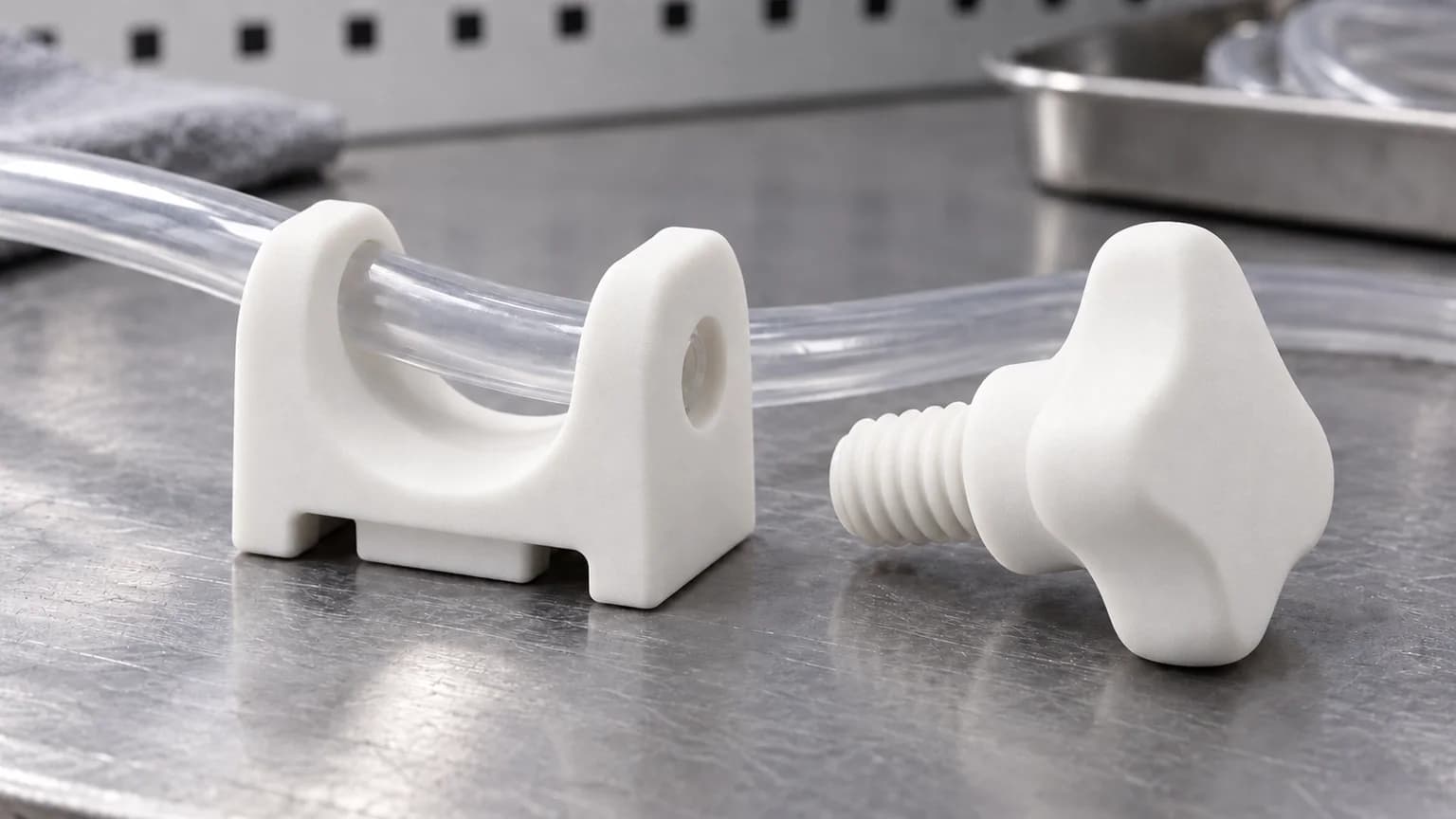 White SLS nylon tubing-clamp body and hand knob with printed assembly features