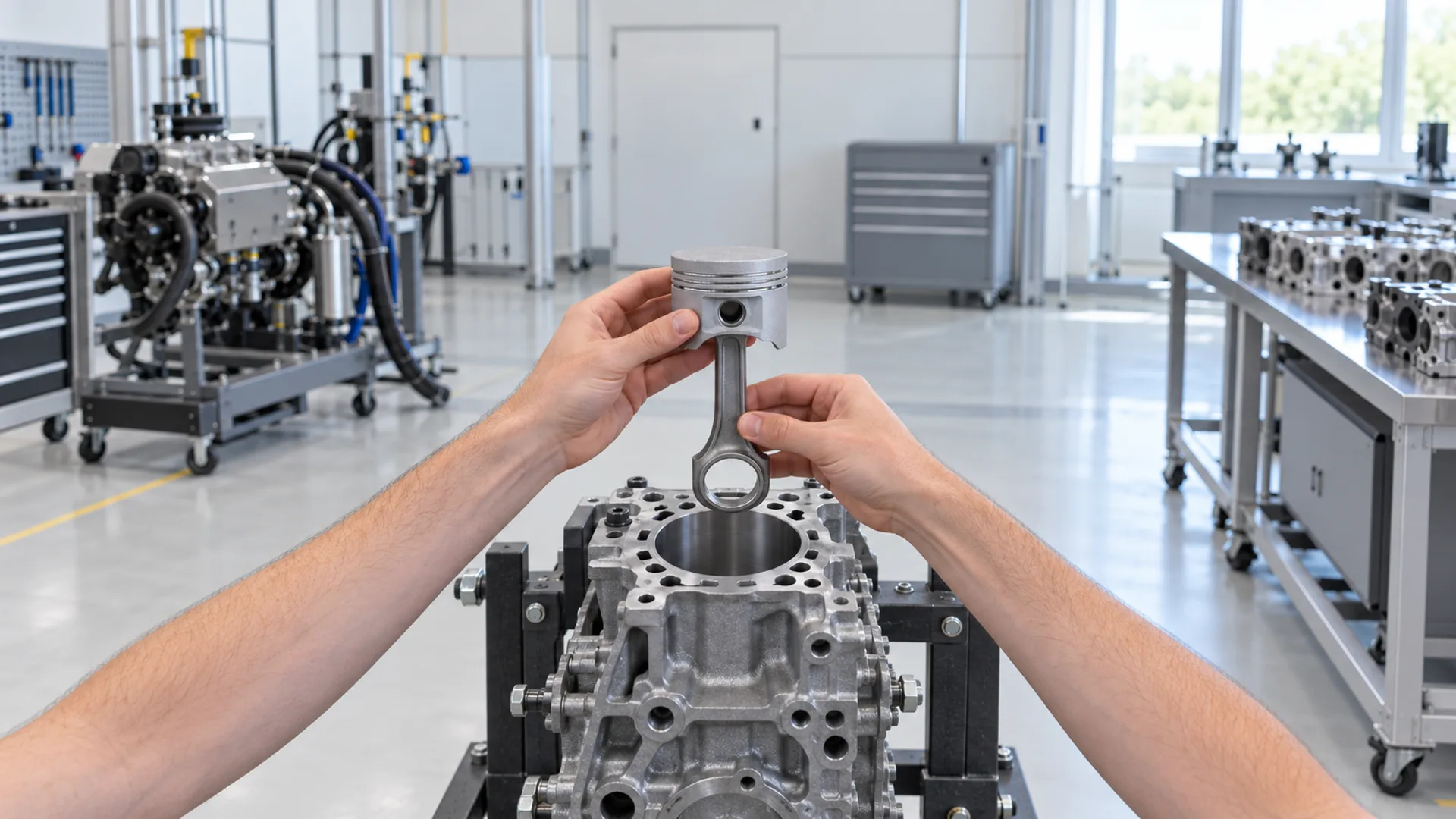Hands holding a small DMLS aluminium piston with freshly machined ring grooves, its connecting rod attached, above an open cylinder on a test stand