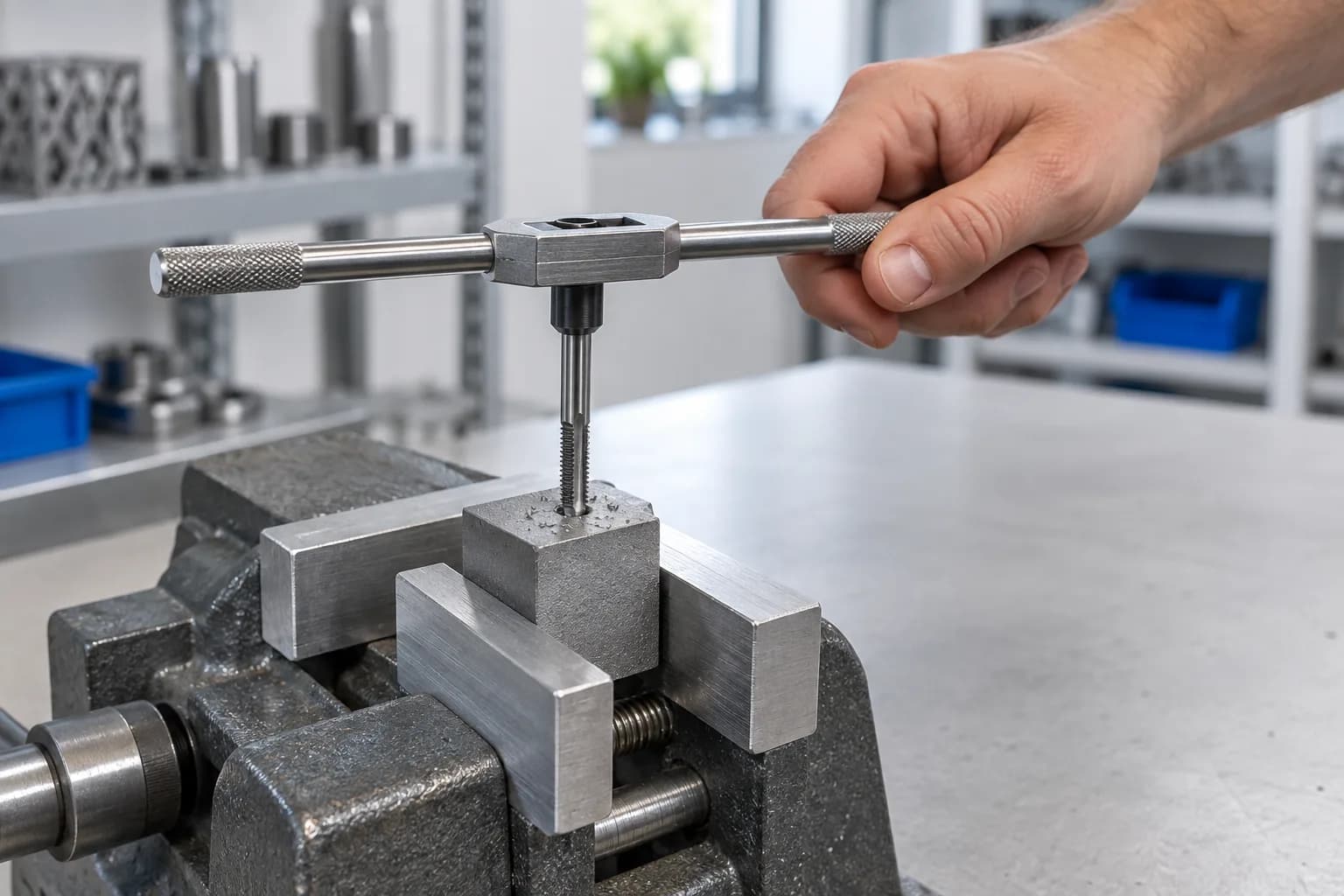 A hand turning a tap wrench to cut a thread into a small matte grey DMLS stainless steel part held in a bench vise