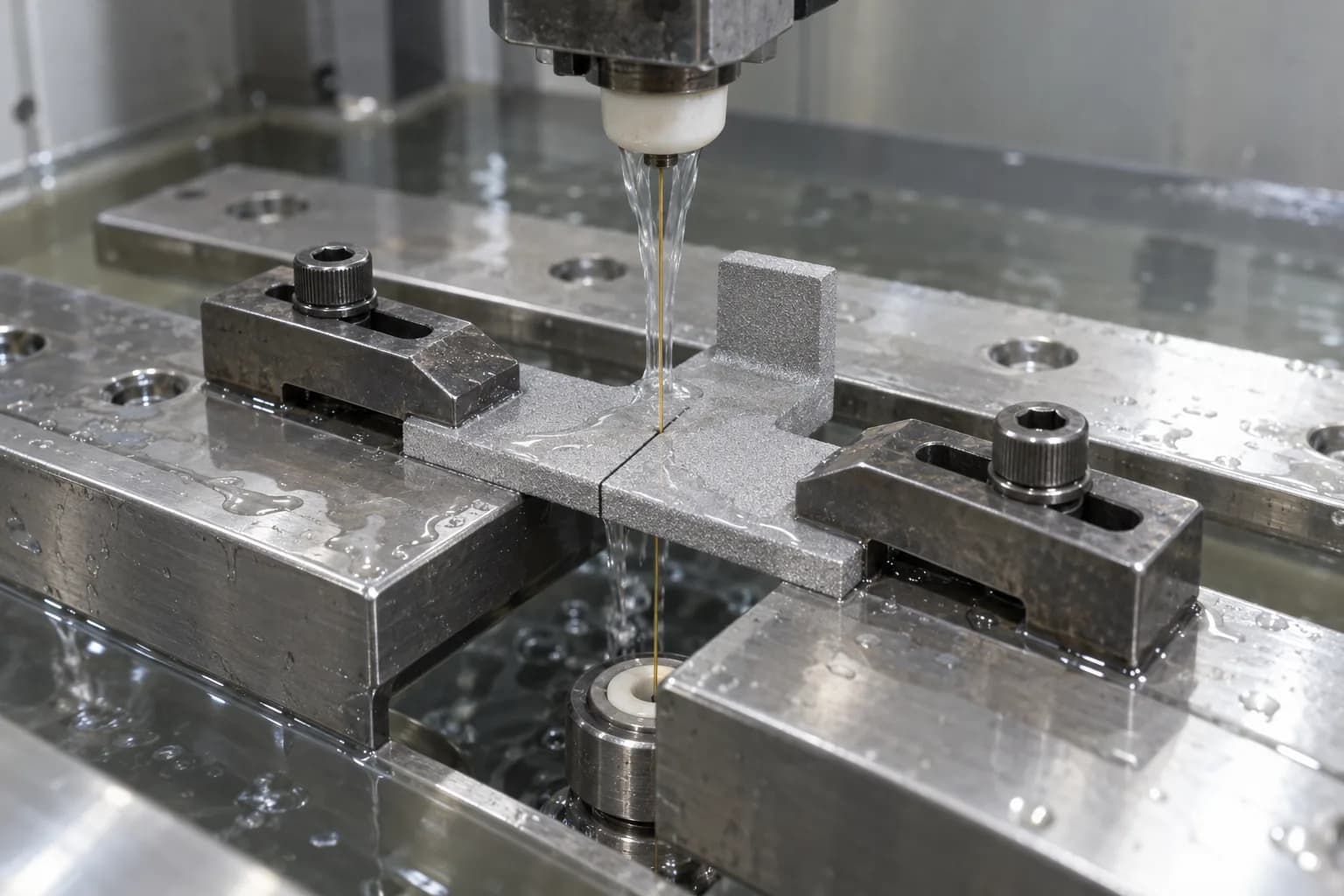 A small matte grey DMLS aluminium part clamped in a wire EDM machine with a thin brass wire running through a fine straight cut