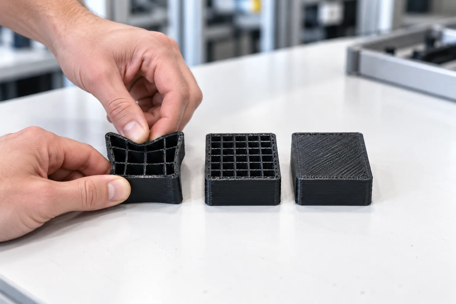 Three cut sections of black FDM TPU samples on a white bench showing sparse, medium and solid internal infill
