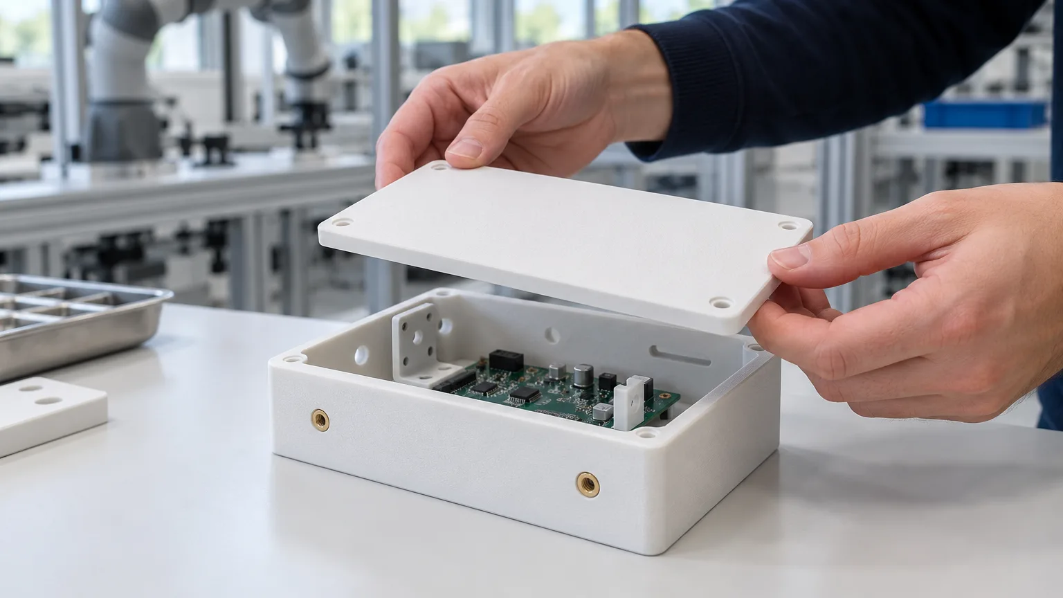 Hands lowering a flat white SLS nylon lid onto an open white nylon electronics enclosure with brass threaded inserts in its end wall on a bright robotics lab bench