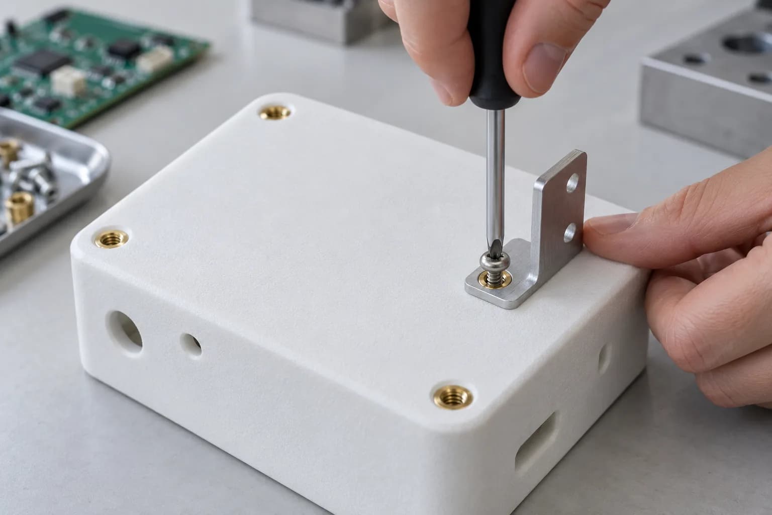 Close view of brass threaded inserts seated flush in counterbored holes on a white SLS nylon part, with a hand driving a screw through a small aluminium bracket into one