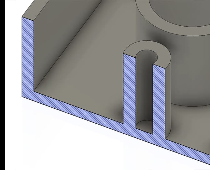 Sharp internal corners in hollowed parts showing stress concentration points