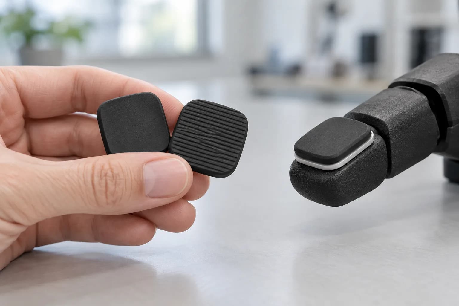 A hand holding a smooth and a finely ribbed soft black elastomer grip pad beside a robot fingertip fitted with a black pad on a white backing plate