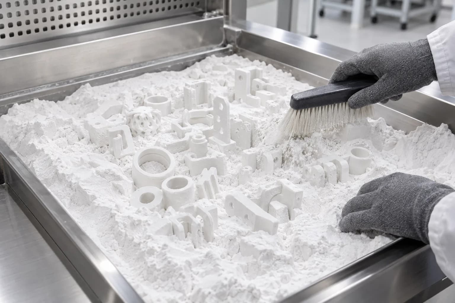 Gloved hands uncovering dozens of small white SLS nylon parts from a powder cake at a depowdering station