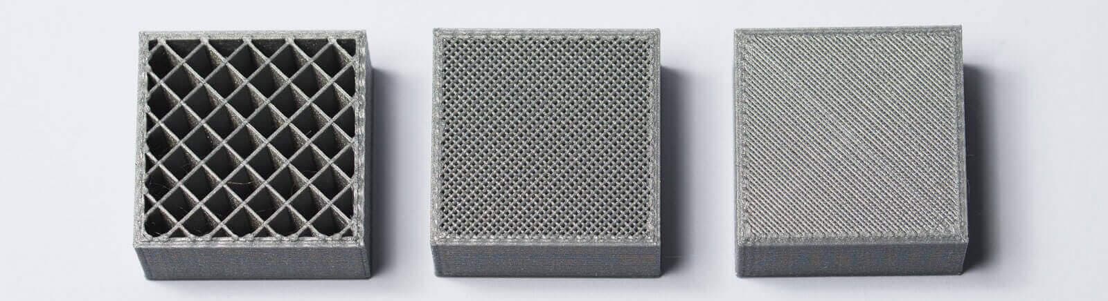 Comparison chart showing different infill patterns including rectilinear, triangular, honeycomb, and gyroid