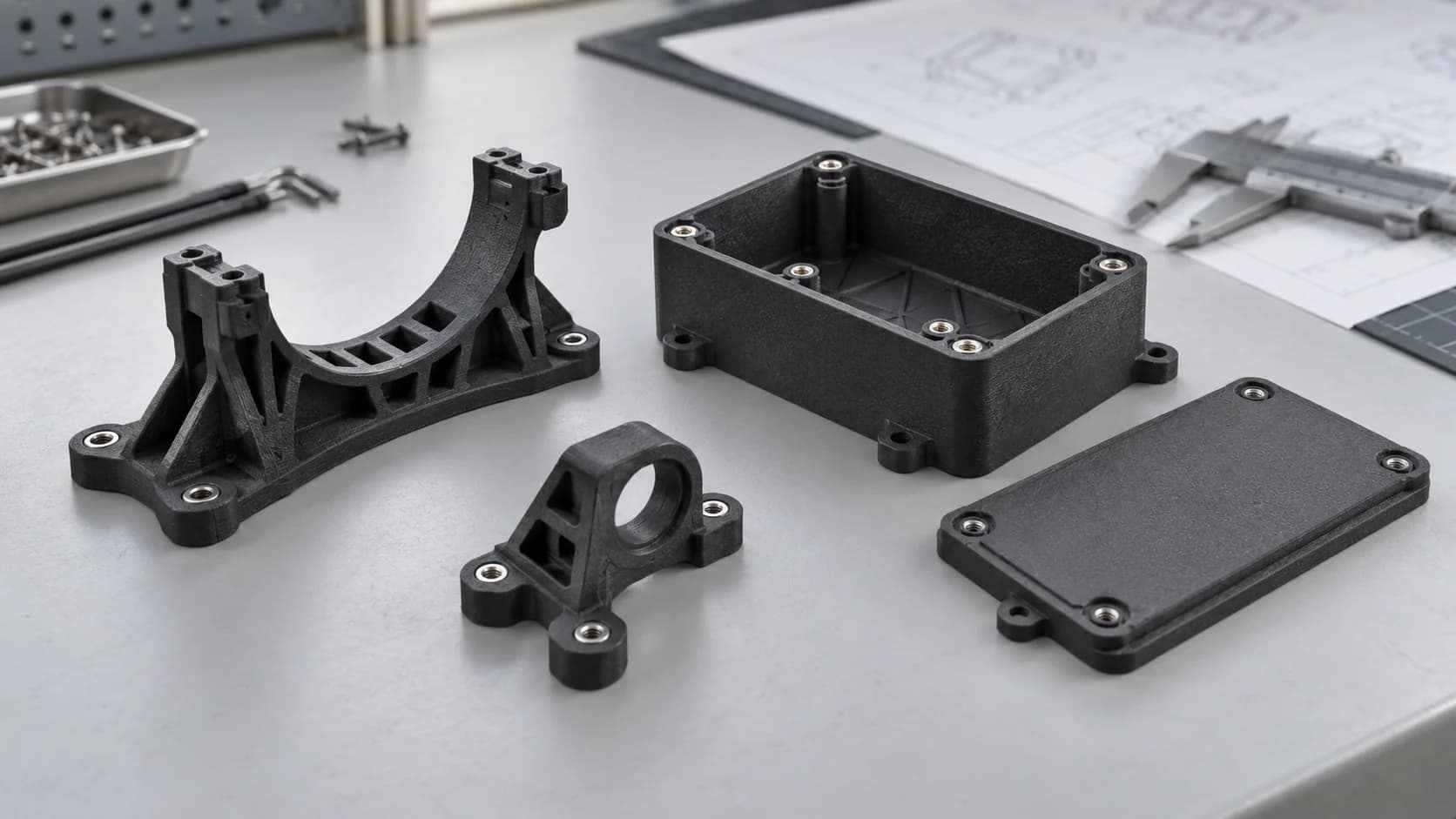 Production Drone Parts in SLS PA12, With Assembly Built In