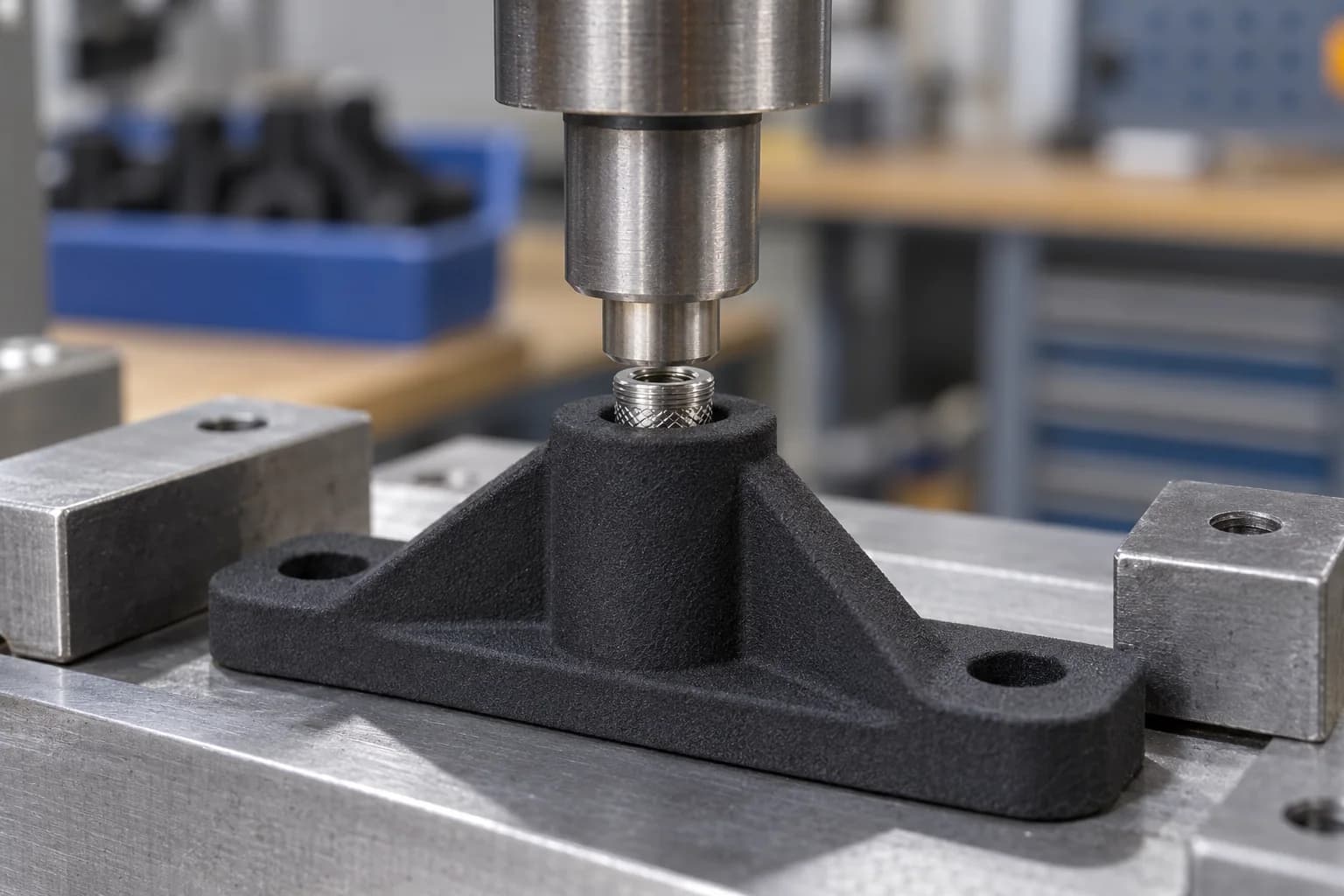 A vertical heat-set installation tool aligned with a stainless threaded insert in a reinforced nylon mounting boss
