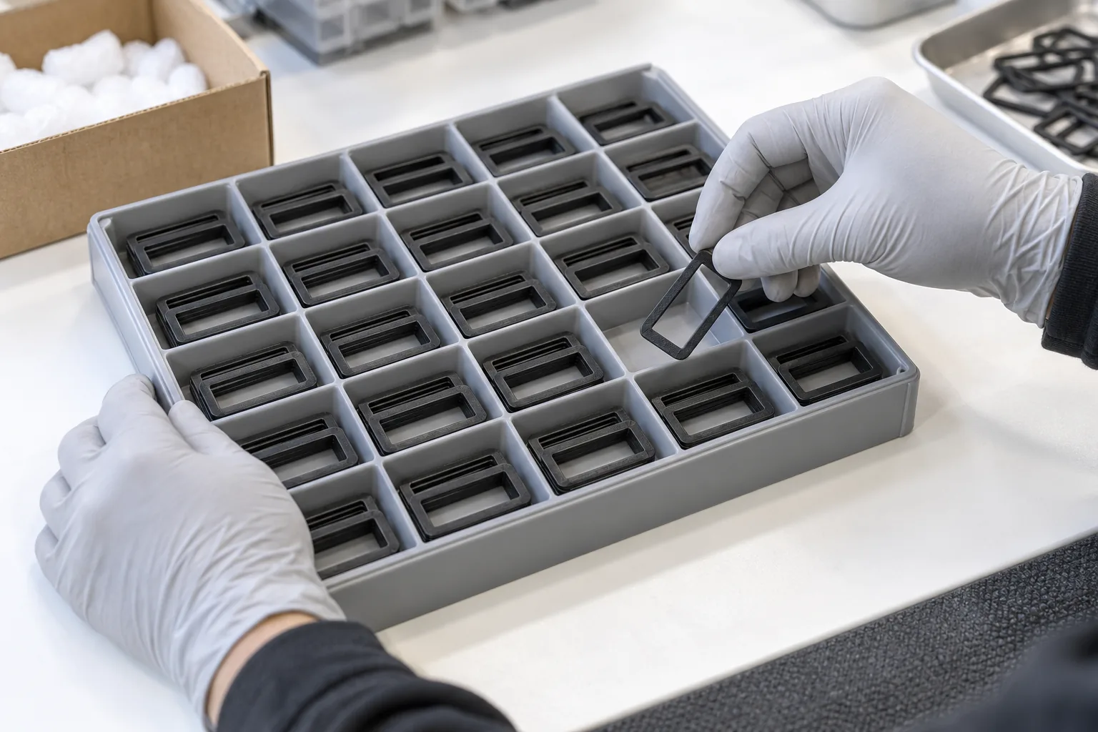 Gloved hands counting small matte black SLS nylon parts into a divided tray before packing