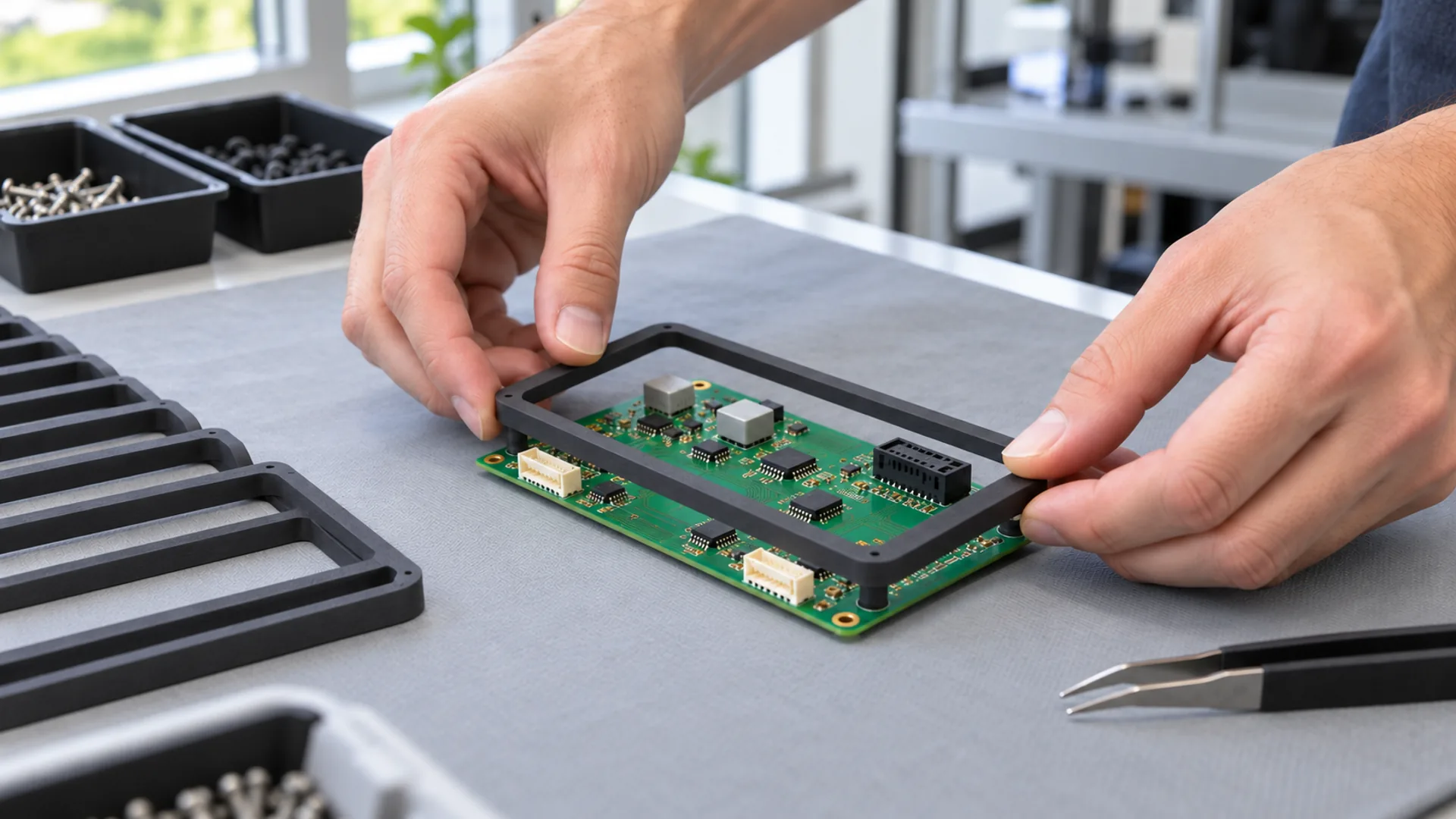 Hands fitting a small matte black SLS nylon frame onto a small electronics assembly on a clean assembly bench