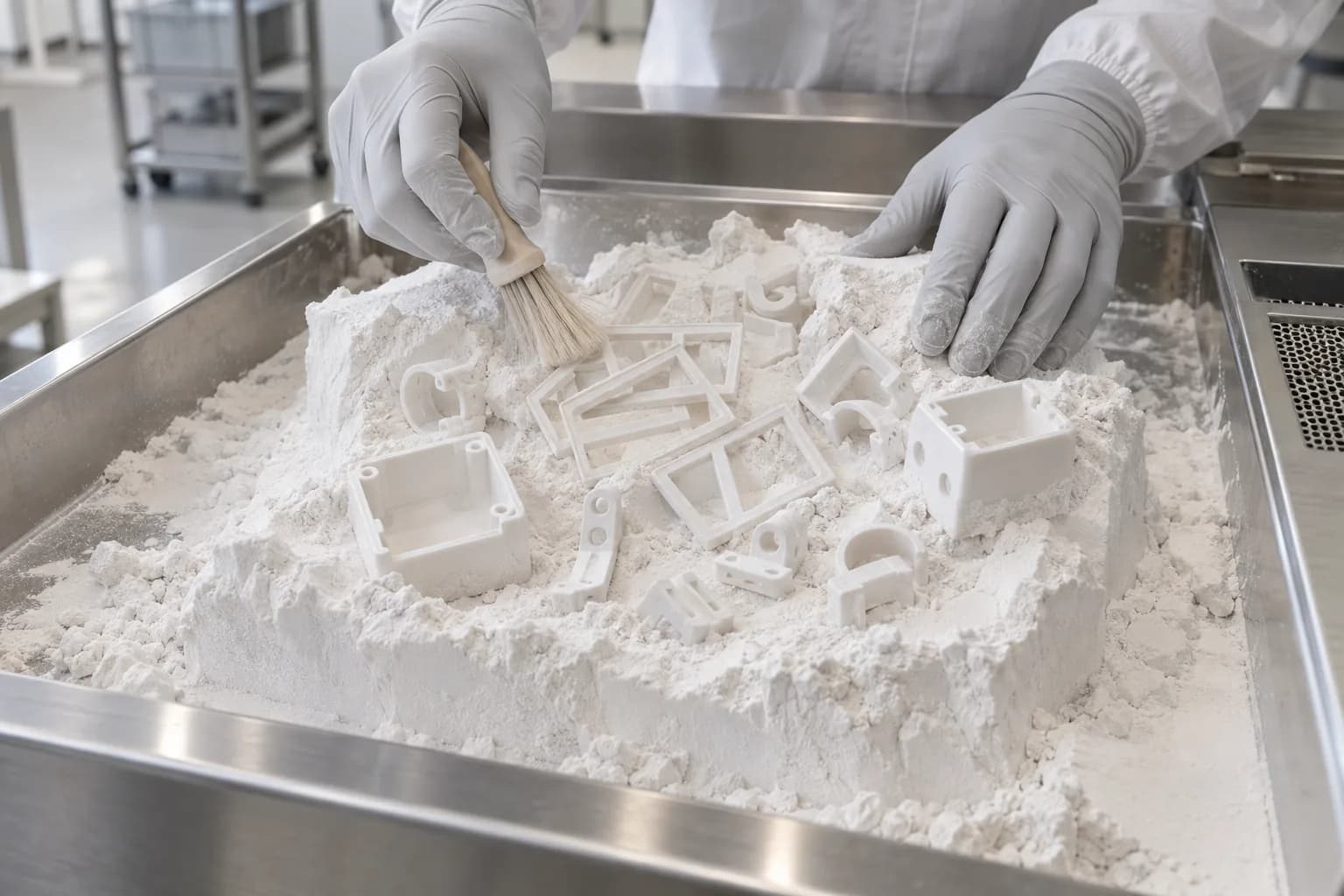 Mixed small white SLS nylon parts from several jobs being uncovered from a powder cake during depowdering