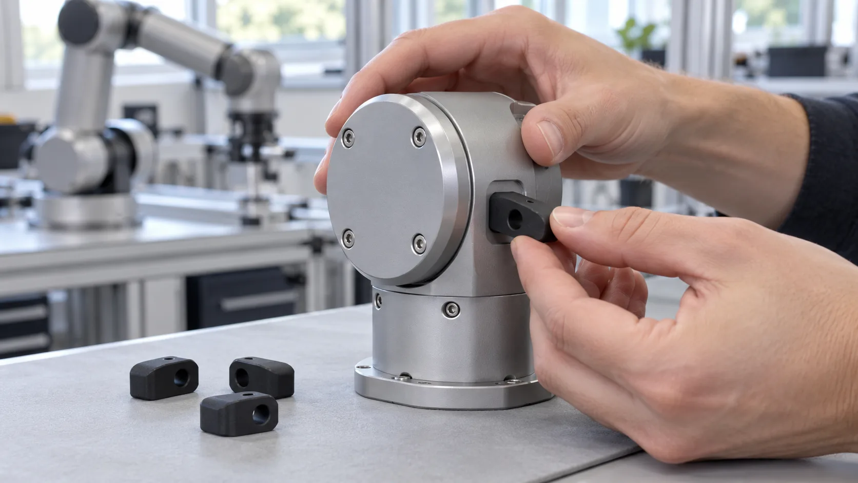 Hands fitting a small matte black SLS nylon stop into a compact grey robot joint actuator on a bright robotics lab bench
