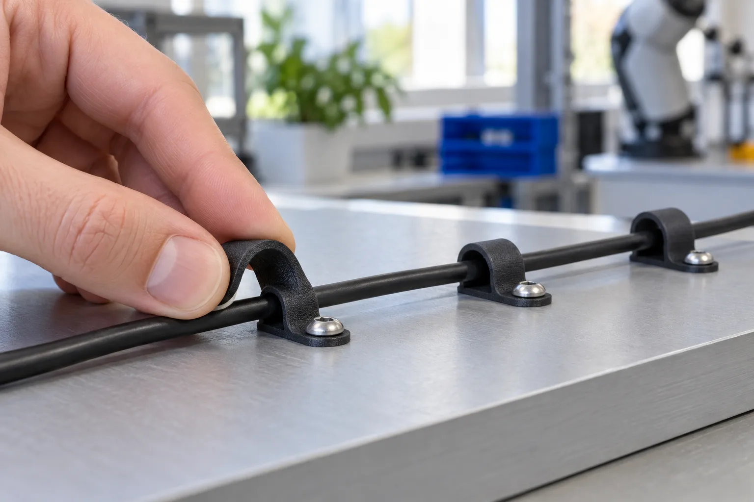 A hand pressing a small black flexible TPU clip over a thin cable on a grey aluminium plate in a robotics lab