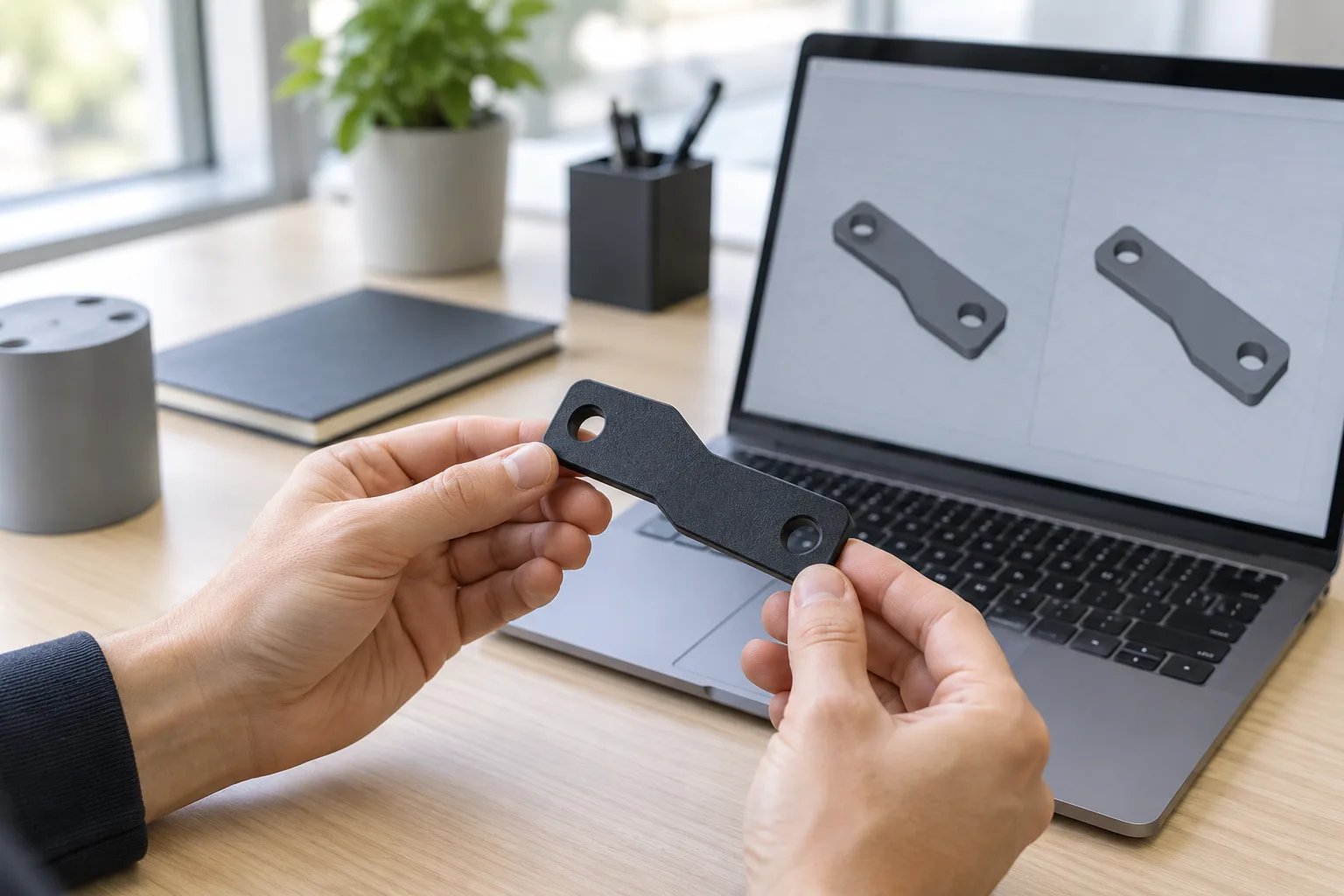 An engineer's hands holding a small matte black SLS nylon bracket beside a laptop showing two identical grey 3D model views side by side