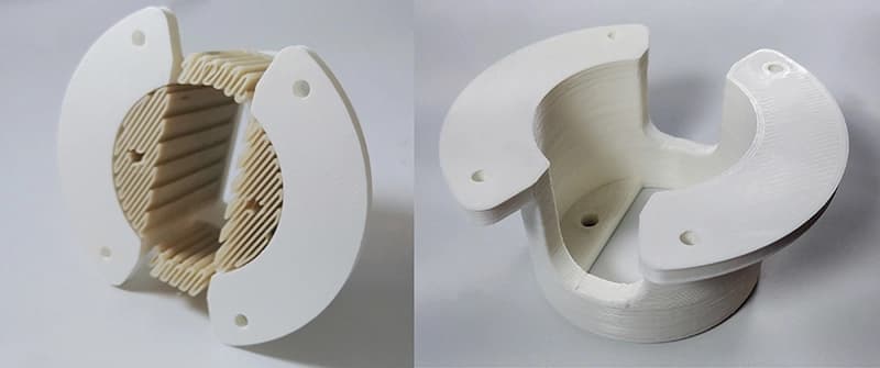 FDM 3D printed part with breakaway support material showing dual material system