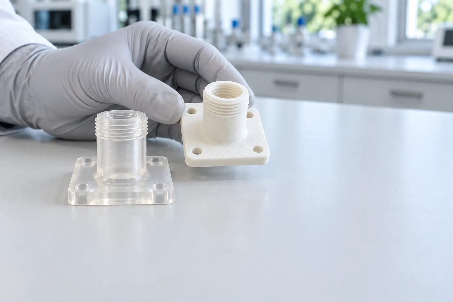 A gloved hand holding a natural white SLS nylon flanged fitting beside an identical clear SLA resin fitting on a bright lab bench