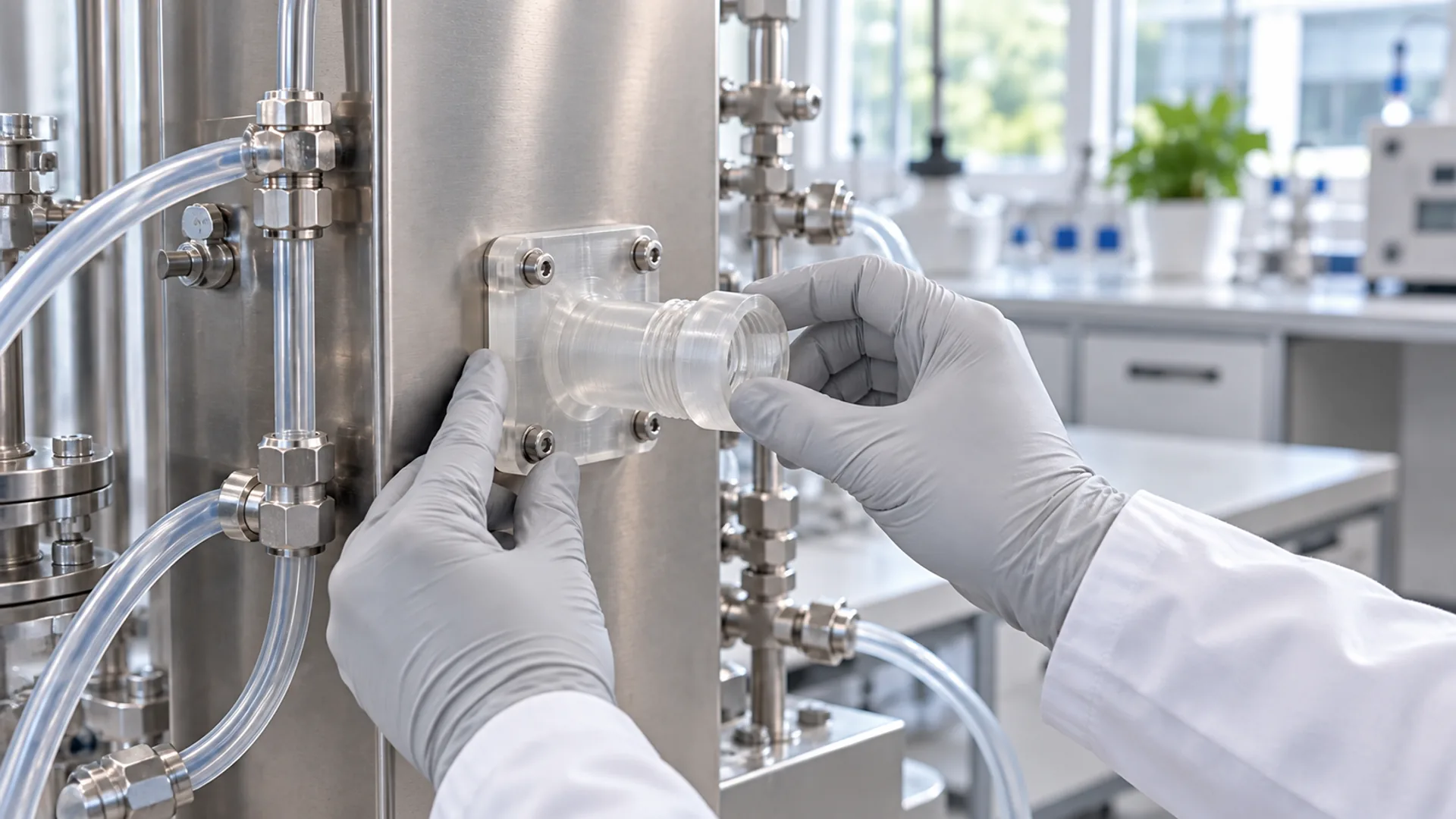 Gloved hands turning a clear SLA resin collar onto the threaded neck of a clear flanged fitting on a stainless test panel in an energy lab