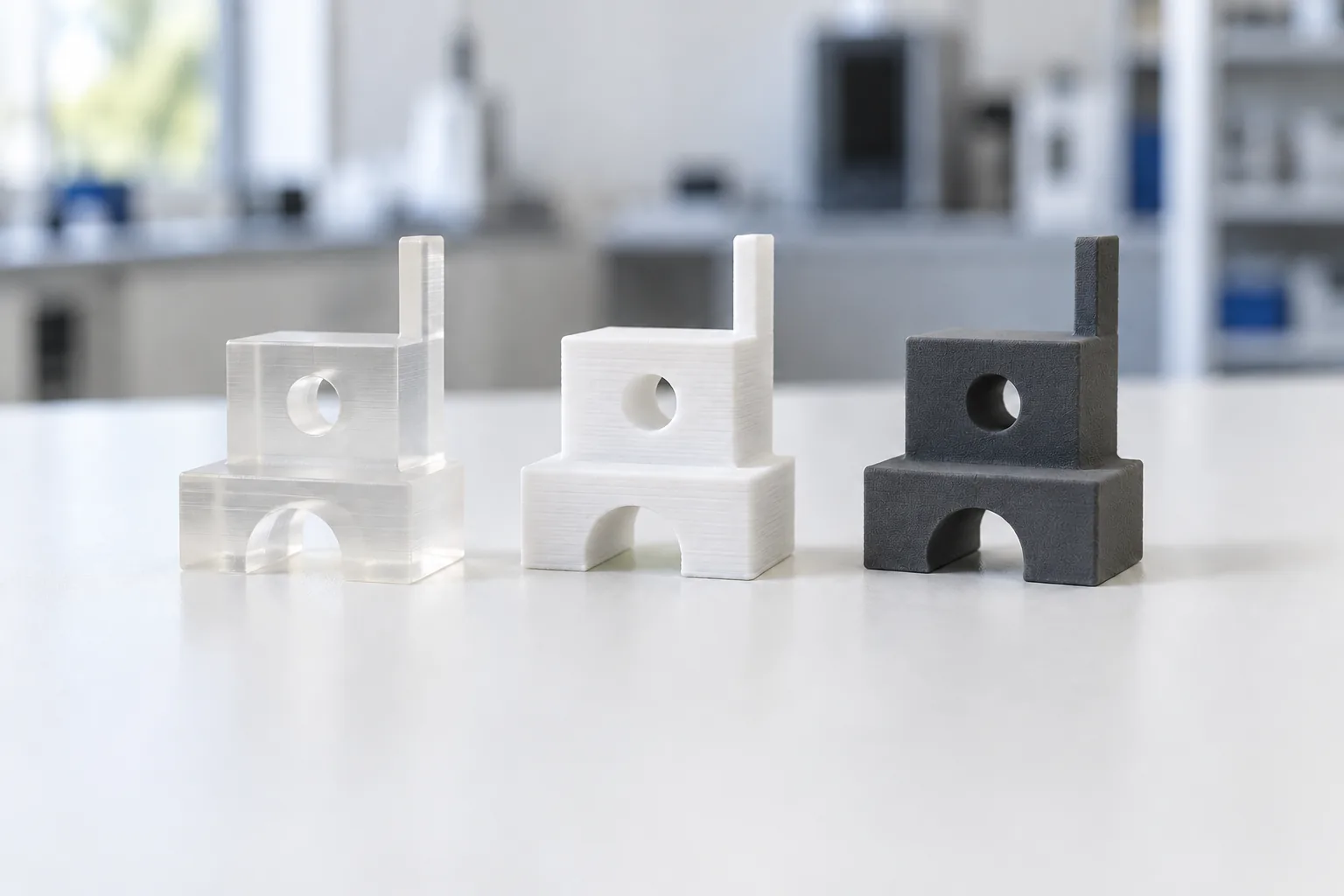 Three identical small test prints in clear SLA resin, white FDM ASA and grey MJF nylon side by side on a white lab bench