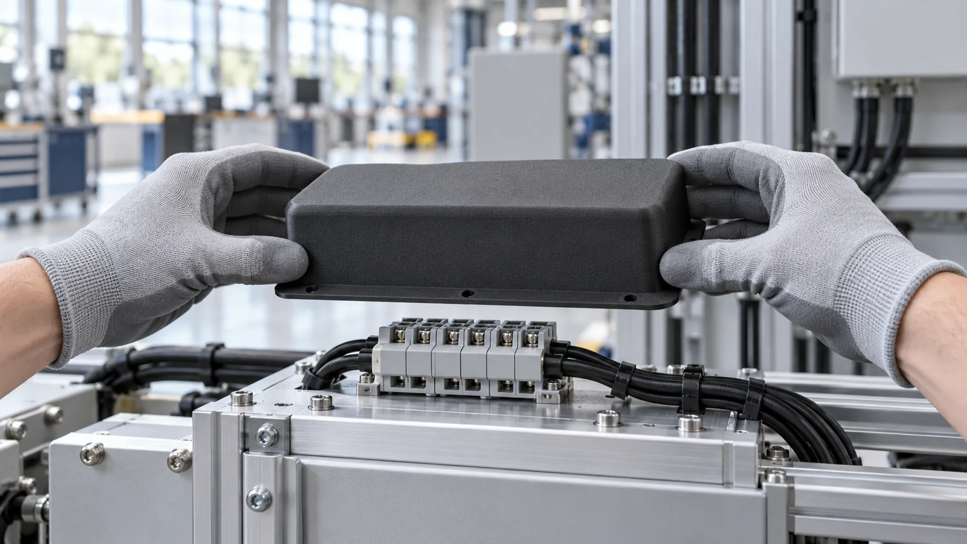 Gloved hands fitting a matte MJF nylon cover over an electrical terminal block on a power equipment frame in a bright assembly bay