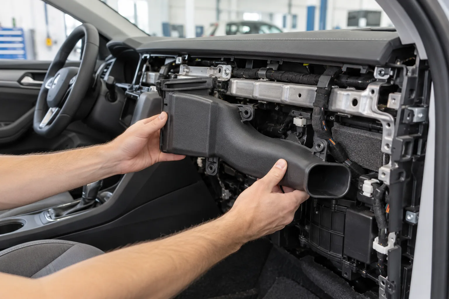 Black 3D printed HVAC duct fitted behind a vehicle instrument panel