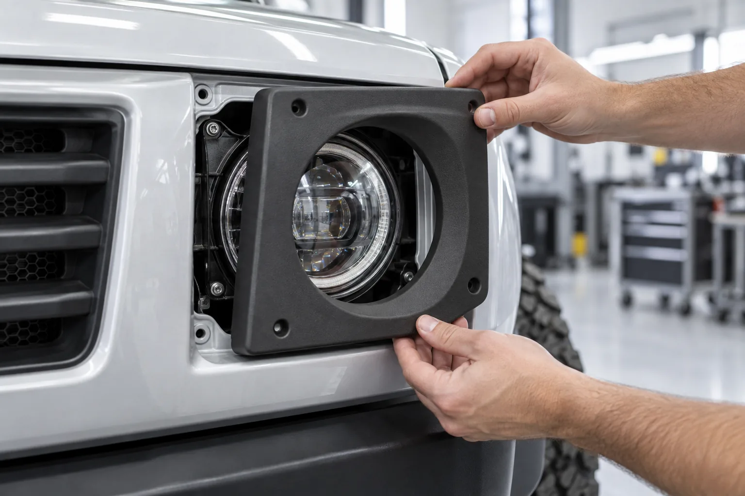 Black nylon headlight surround being fitted to a custom vehicle