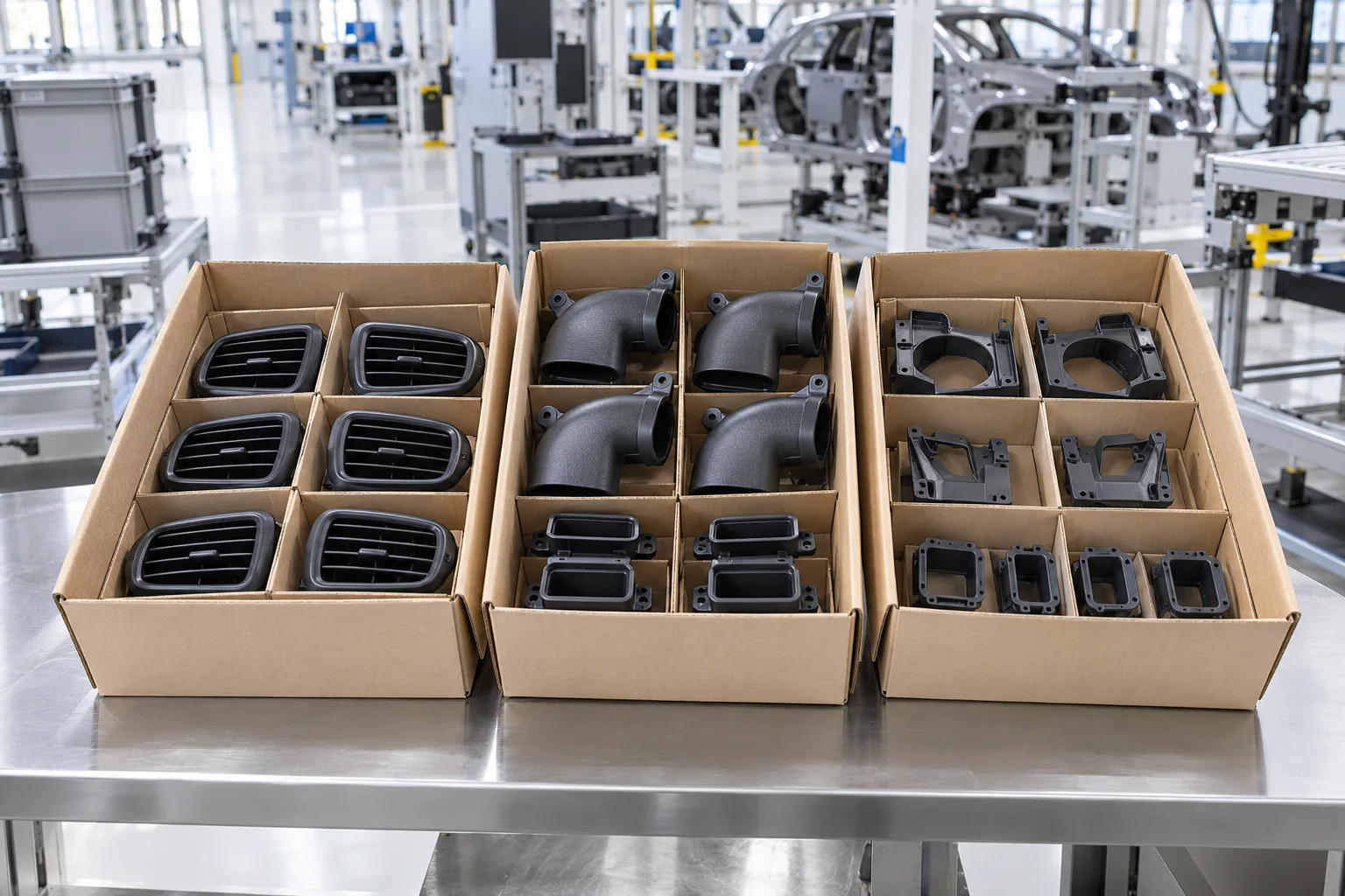 Boxed 3D printed automotive parts packed for next day shipping
