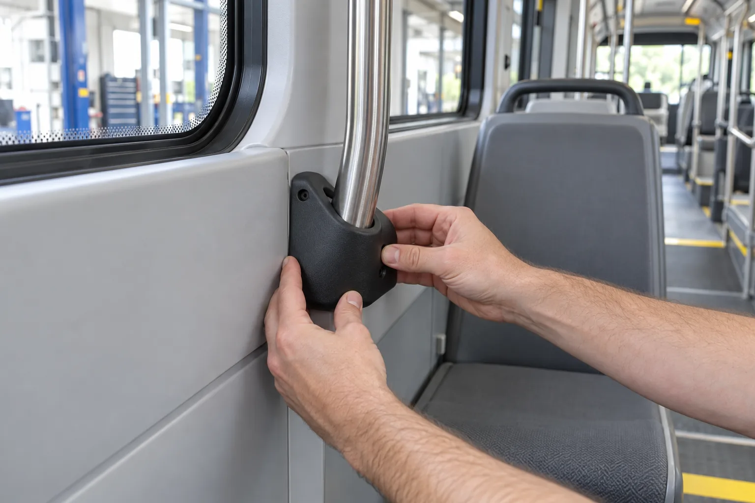 Black printed nylon trim fitted around a grab rail inside a transit bus