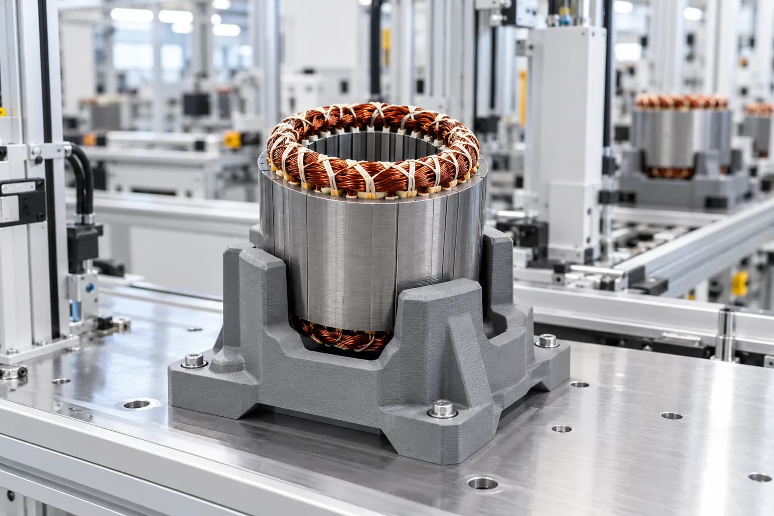 SLS nylon assembly nest holding a stator on a production line
