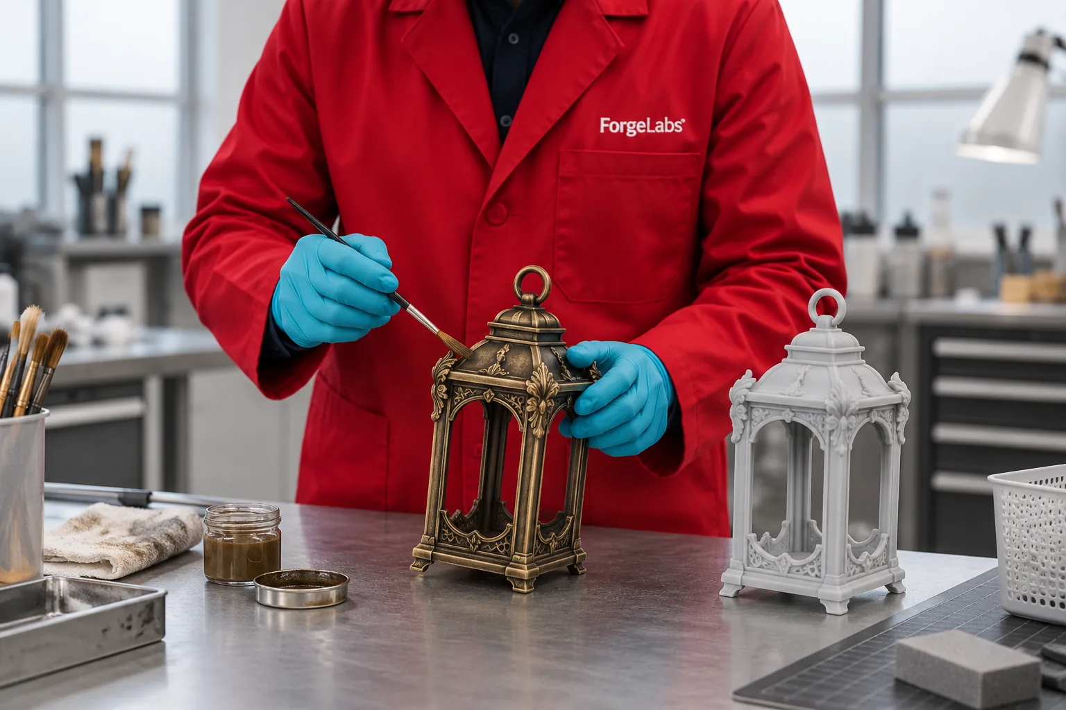 Forge Labs technician applying a bronze finish to a replica lantern beside an unpainted 3D-printed copy.