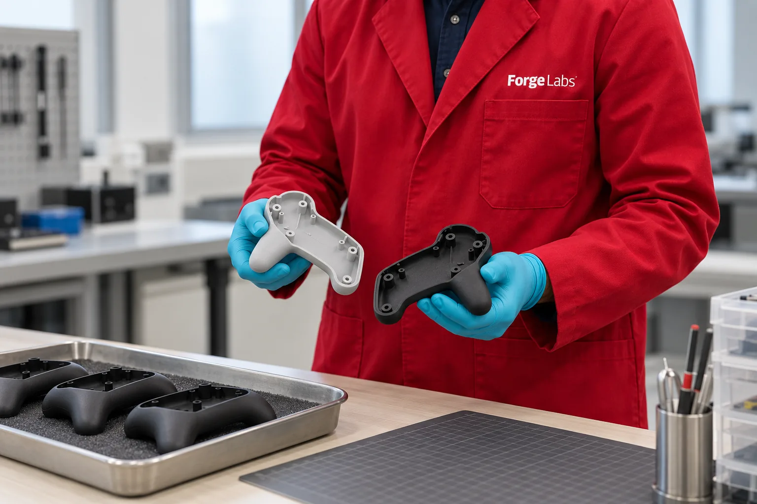 Forge Labs technician comparing white and black 3D-printed electronics housings beside a tray of matching pilot-run parts