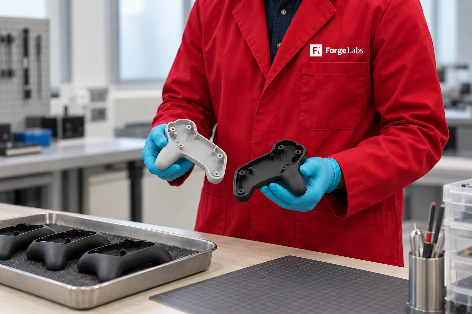 Forge Labs technician comparing white and black 3D-printed electronics housings.