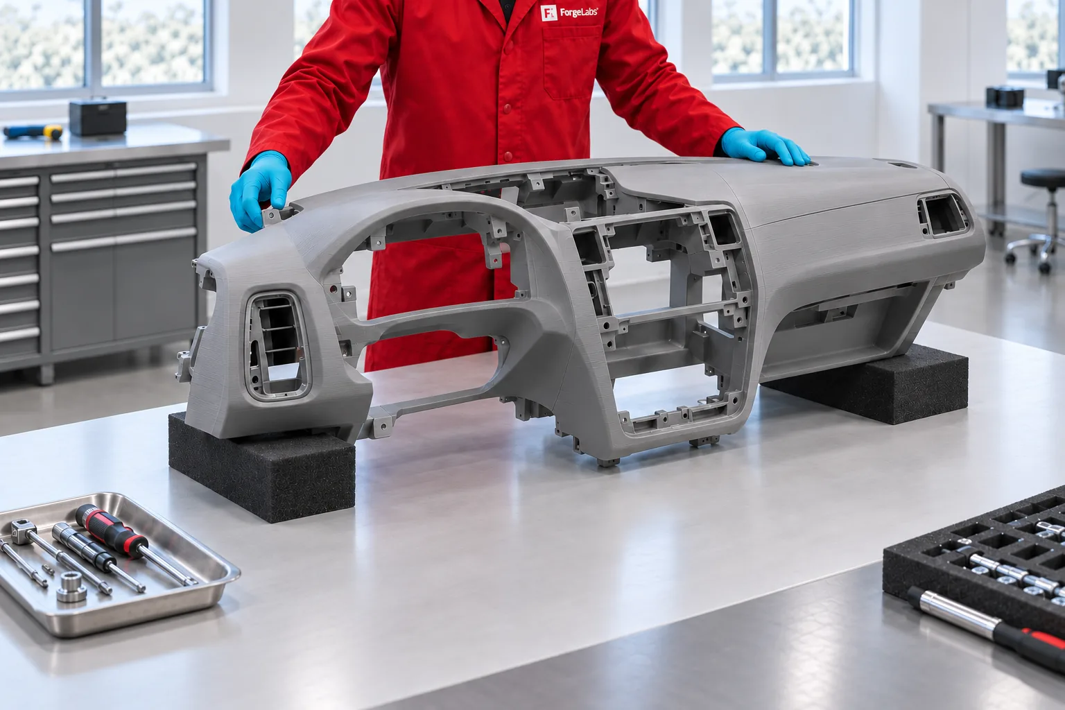 Forge Labs technician inspecting a full-scale 3D-printed automotive dashboard prototype on a workshop bench.