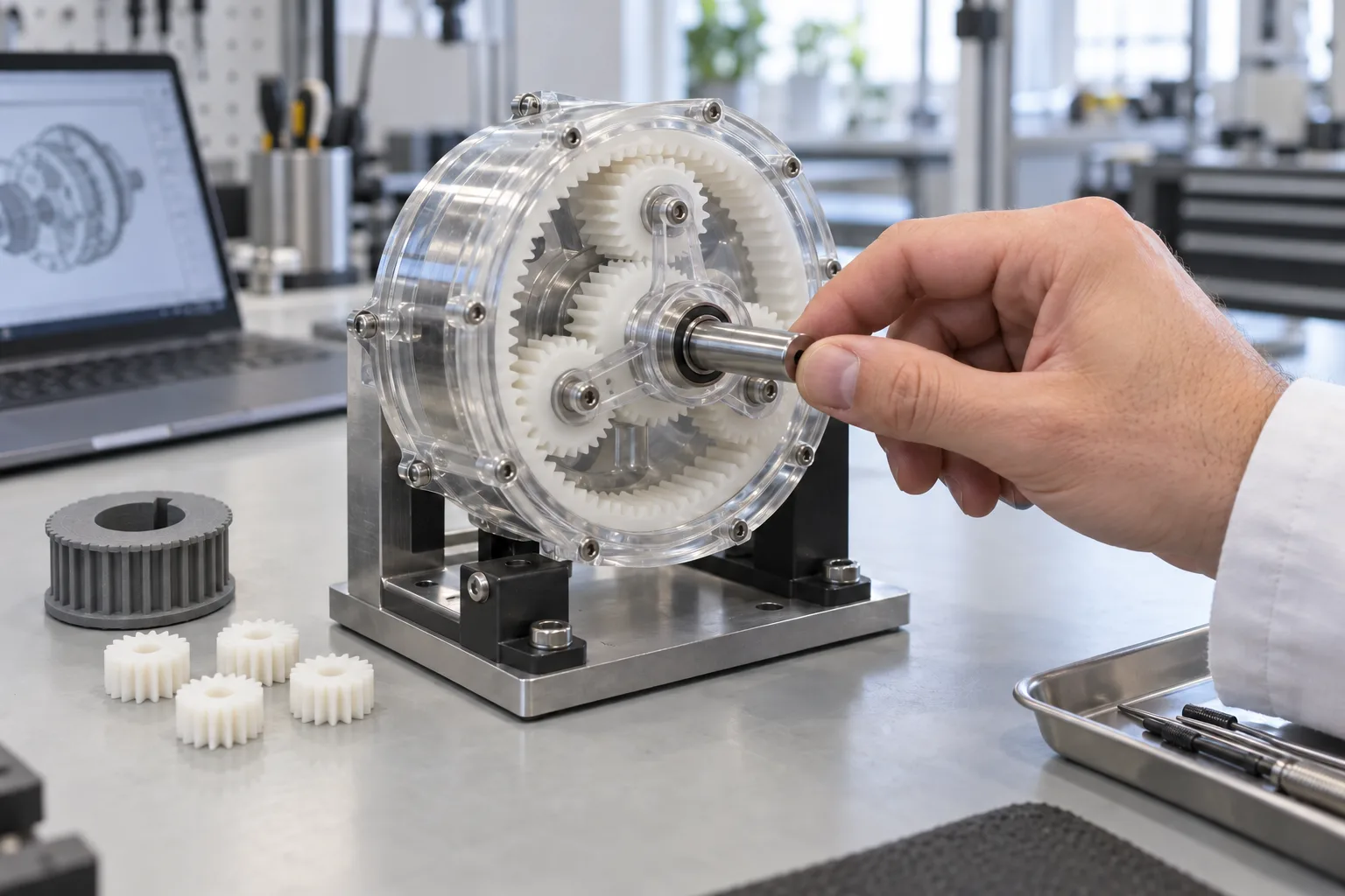 Clear SLA gearbox housing with white Accura 25 planet gears on a test bench