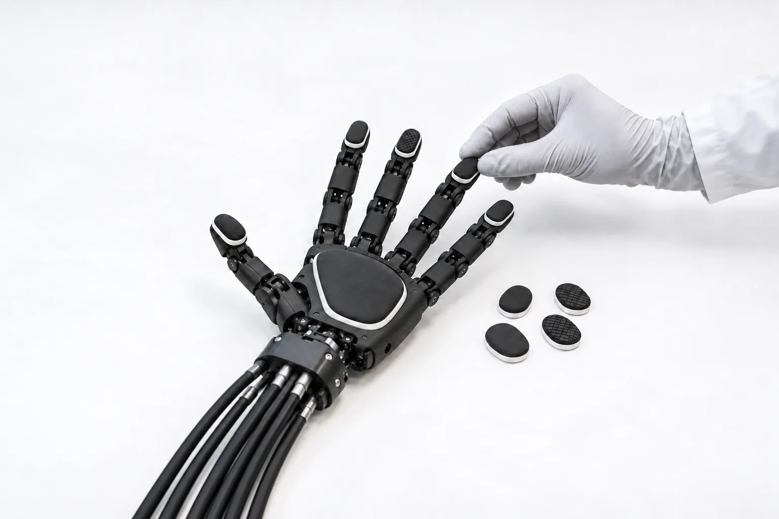 SLS nylon finger links with PolyJet elastomer grip pads on a five-finger robotic hand