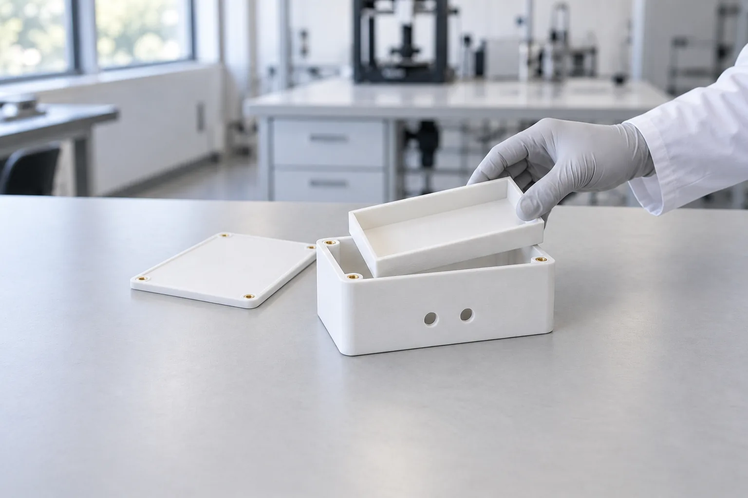 SLS nylon sensor enclosure and lid with threaded inserts installed, beside an internal tray